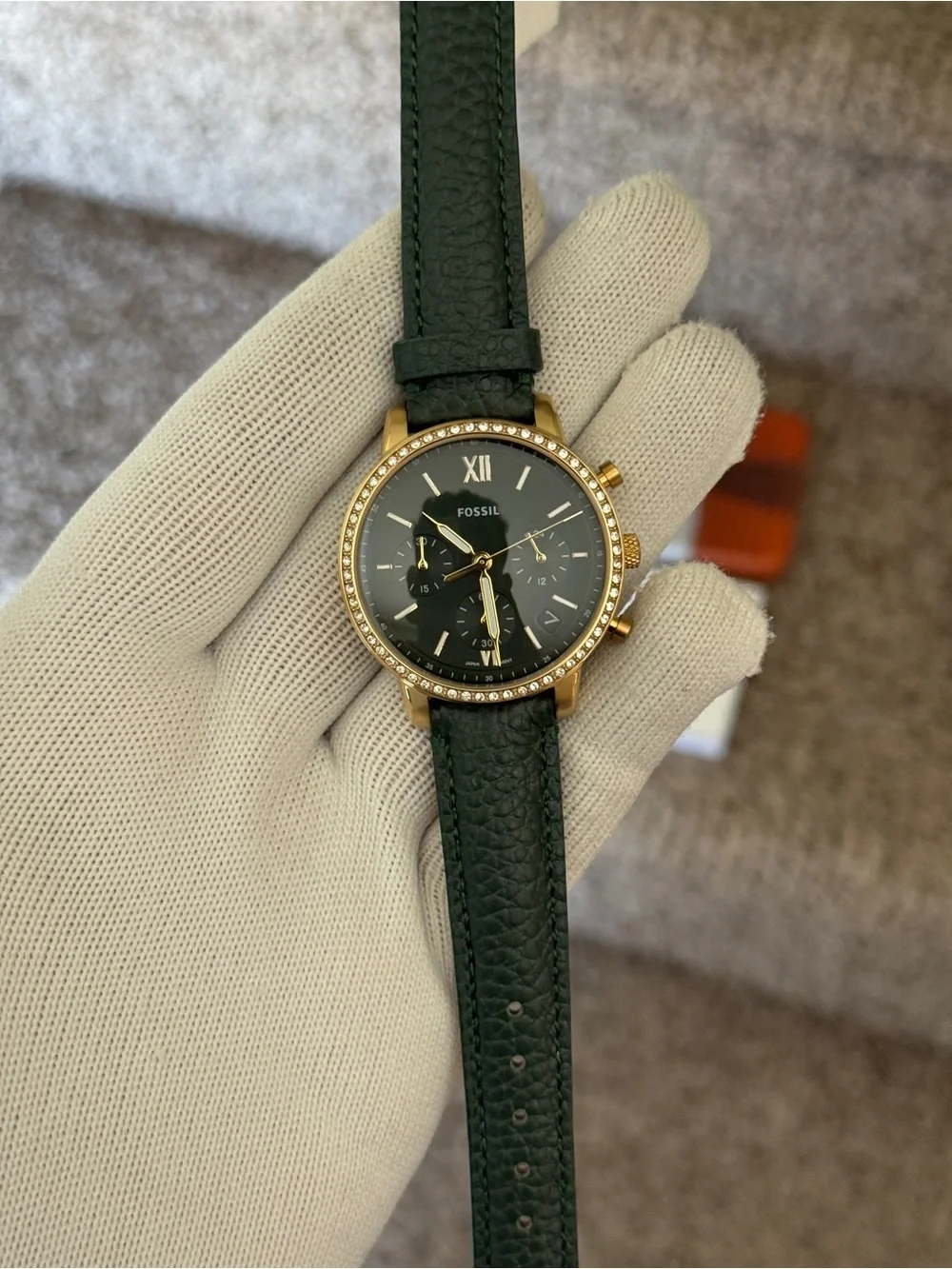 Fossil Dark Green Neutra Leather Strap Gold Crystal Bezel Chronograph Womens